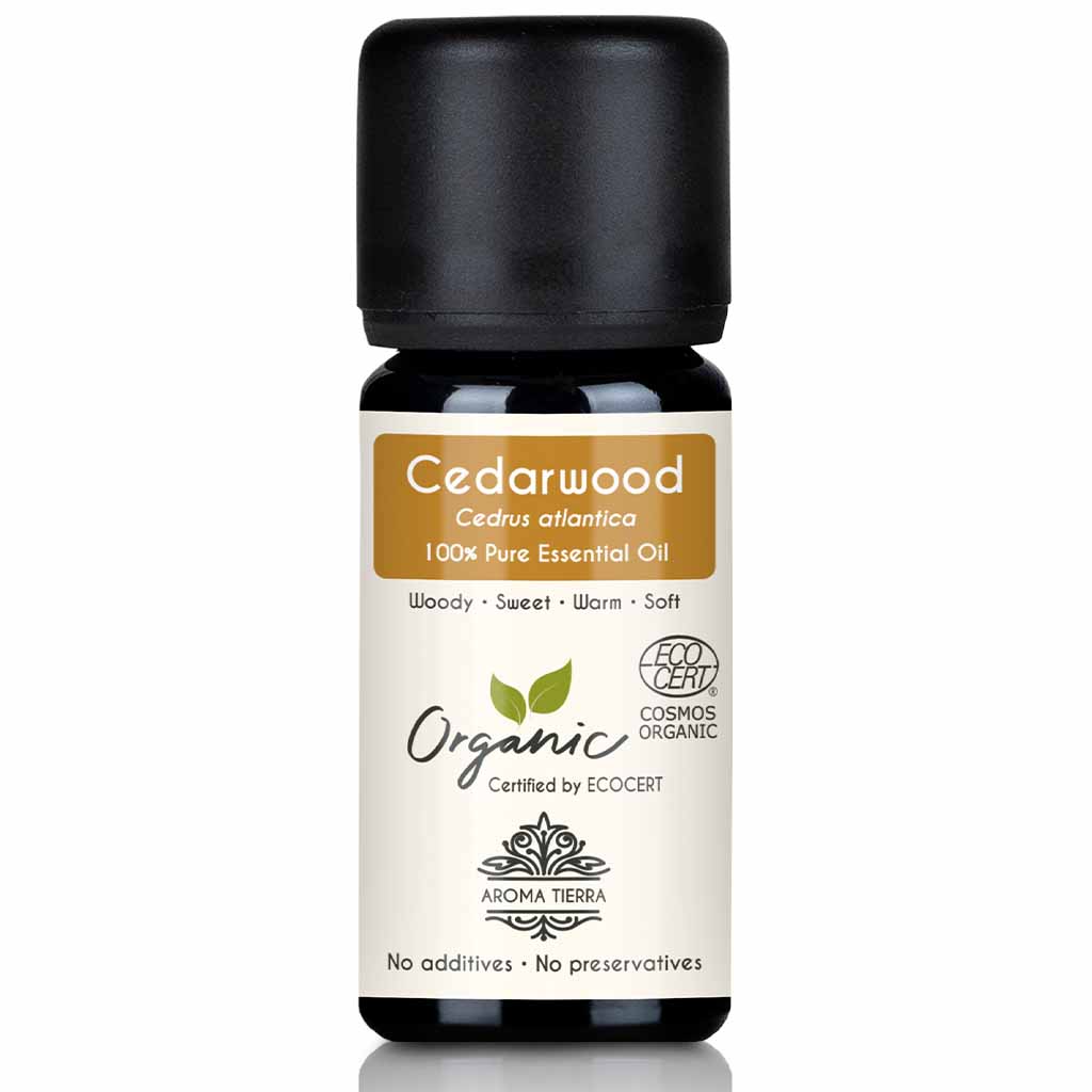 Aroma Tierra Cedarwood  essential oil  steam distillation of wood of organic Atlas Cedar Cedrus atlantica tree, 10 ml. 