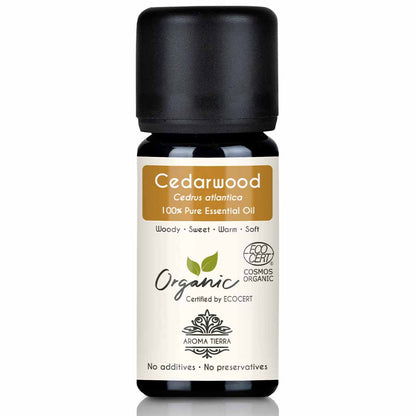 Aroma Tierra Cedarwood  essential oil  steam distillation of wood of organic Atlas Cedar Cedrus atlantica tree, 10 ml. 