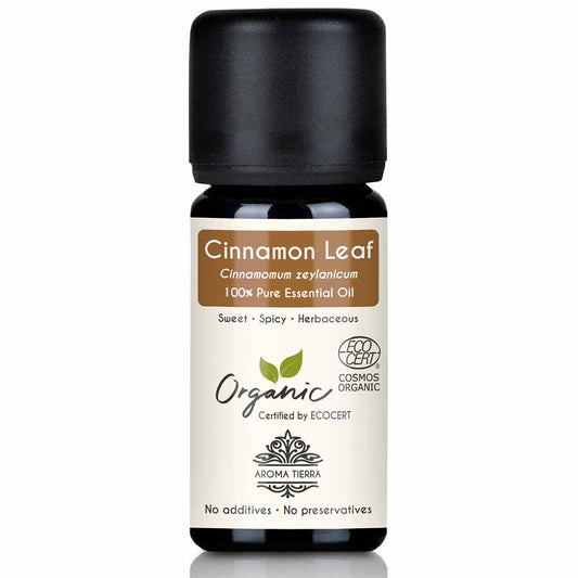 Aroma Tierra Cinnamon Leaf essential oil steam distillation of leaves of organic Cinnamomum zeylanicum tree, 10 ml. 