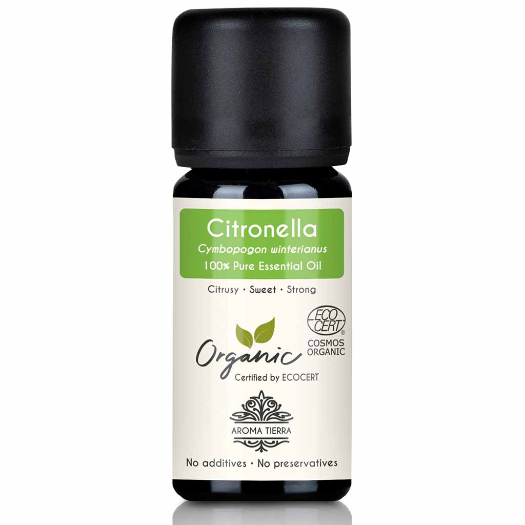 Aroma Tierra Citronella essential oil steam distillation of organic Cymbopogon winterianus, 10 ml. 
