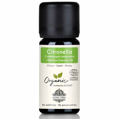 Aroma Tierra Citronella essential oil steam distillation of organic Cymbopogon winterianus, 10 ml. 
