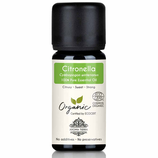Aroma Tierra Citronella essential oil steam distillation of organic Cymbopogon winterianus, 10 ml. 
