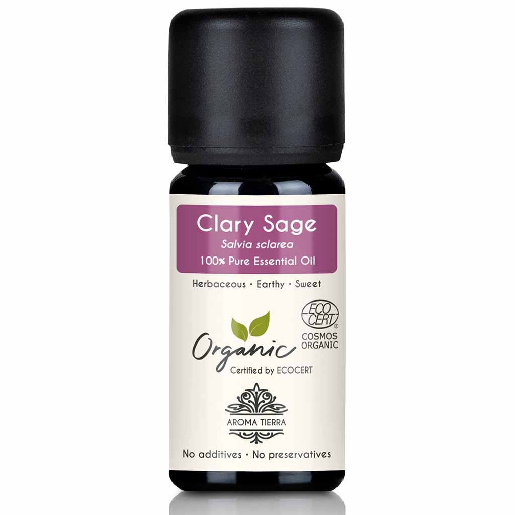 Aroma Tierra Clary Sage essential oil  steam distillation of organic Salvia sclarea flowering tops and leaves, 10 ml.