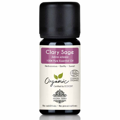 Aroma Tierra Clary Sage essential oil  steam distillation of organic Salvia sclarea flowering tops and leaves, 10 ml.
