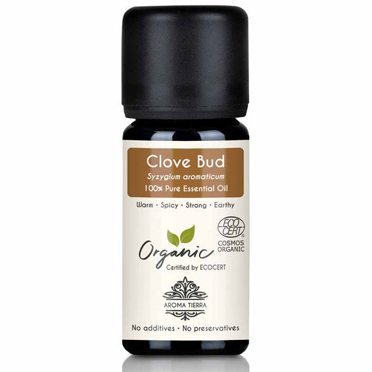 Aroma Tierra Clove essential oil steam distillation of leaves of organic Syzygium aromaticum, 10 ml. 
