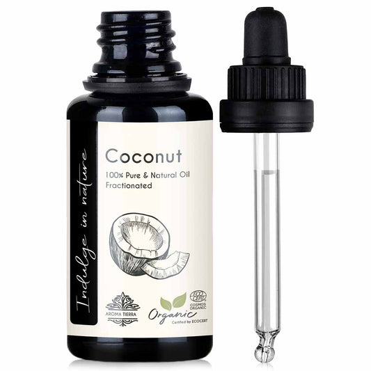Aroma Tierra 100% Certified Organic Fractionated Coconut  Oil softens skin, improves elasticity, best anti-aging, 30 ml.