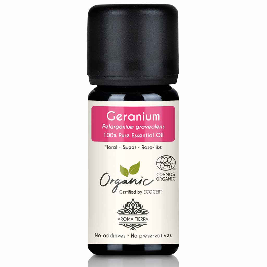 Aroma Tierra Organic Geranium essential oil steam distillation of leaves and other aromatic parts of organic Pelargonium graveolens plant, 10 ml. 