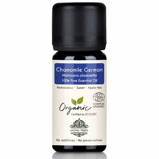 Aroma Tierra Chamomile German essential oil steam distillation of organic Matricaria chamomilla flowers, 10 ml. 