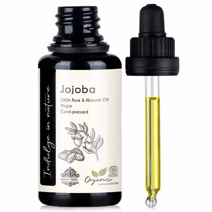 Aroma Tierra 100% pure and certified organic Jojoba Oil, best natural oil for face, body and hair, 30ml.