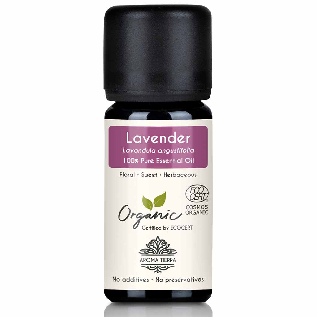 Aroma Tierra Organic Lavender essential oil steam distillation of flowering tops of Lavandula angustifolia, 10ml. 
