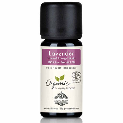 Aroma Tierra Organic Lavender essential oil steam distillation of flowering tops of Lavandula angustifolia, 10ml. 
