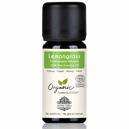 Aroma Tierra Organic Lemongrass essential oil Steam distillation of fresh and partially dried organic lemongrass.
Food grade, 10 ml. 
