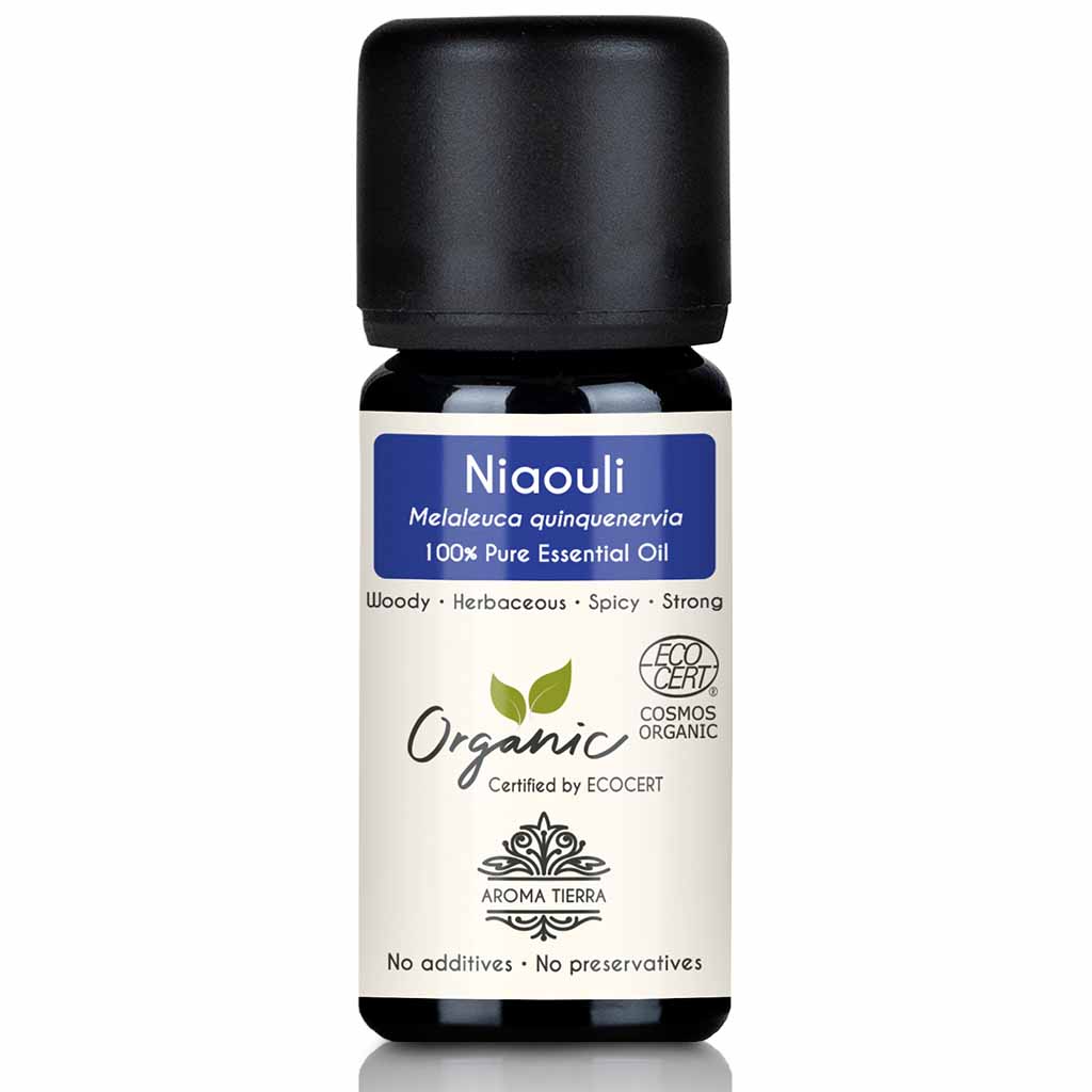 Aroma Tierra Niaouli essential oil best for diffusers reducing stress, anxiety, and mental fatigue, 10 ml.  