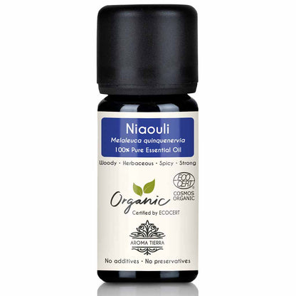 Aroma Tierra Niaouli essential oil best for diffusers reducing stress, anxiety, and mental fatigue, 10 ml.  