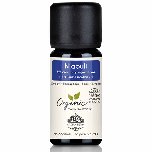 Aroma Tierra Niaouli essential oil best for diffusers reducing stress, anxiety, and mental fatigue, 10 ml.  