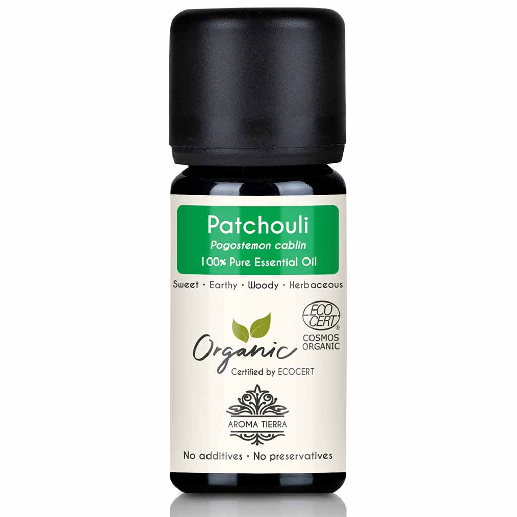 Aroma Tierra Patchouli essential oil steam distillation of organic Pogostemon cablin leaves, 10 ml. 