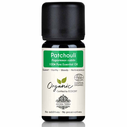 Aroma Tierra Patchouli essential oil steam distillation of organic Pogostemon cablin leaves, 10 ml. 
