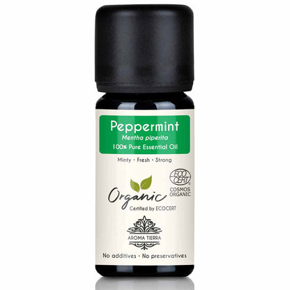 Aroma Tierra Organic Peppermint essential oil steam distillation of leaves of organic Peppermint (Mentha piperita) plant. Food grade, used for baking, cooking, 10 ml.
