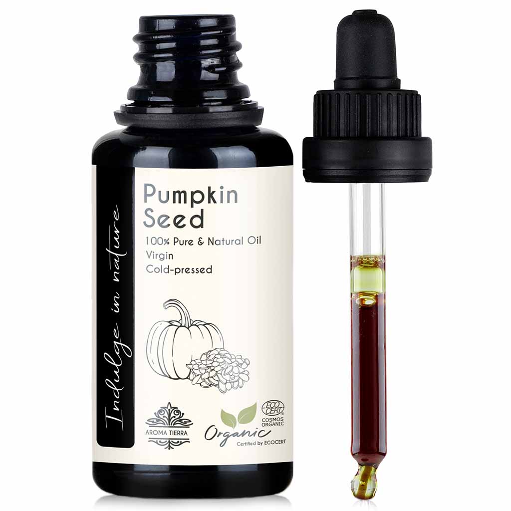 Aroma Tierra 100% pure and certified organic Pumpkin seed oil best to controls male pattern baldness, 30 ml.