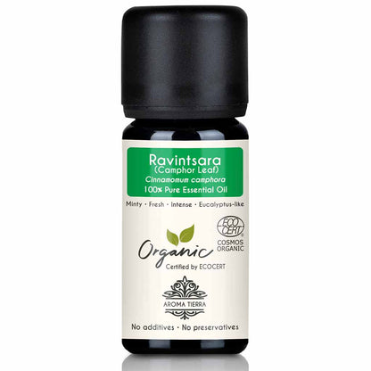 Aroma Tierra Organic Ravintsara Camphor essential oil steam distilation of leaves of organic Cinnamomum camphora, 10 ml. 