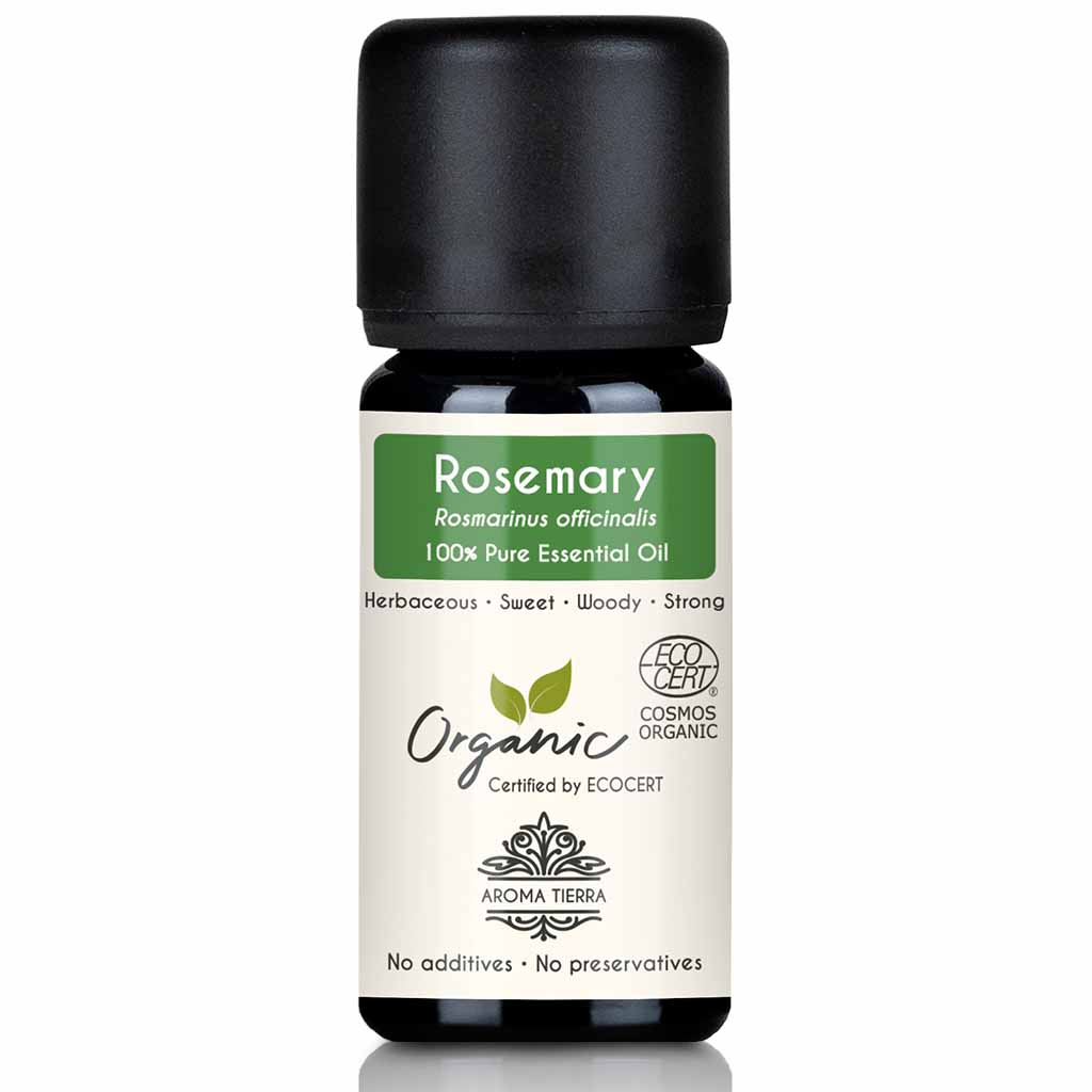 Aroma Tierra Organic Rosemary essential oil  steam distillation of the flowers and leaves of organic Rosmarinus officinalis, 10 ml.