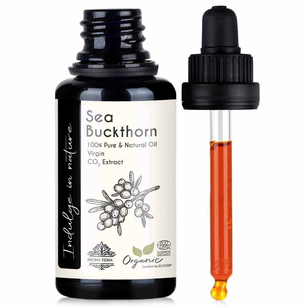 Aroma Tierra Organic Sea Buckthorn miracle beauty oil, brightens skin, evens skin tone, and improves complexion, 30ml.