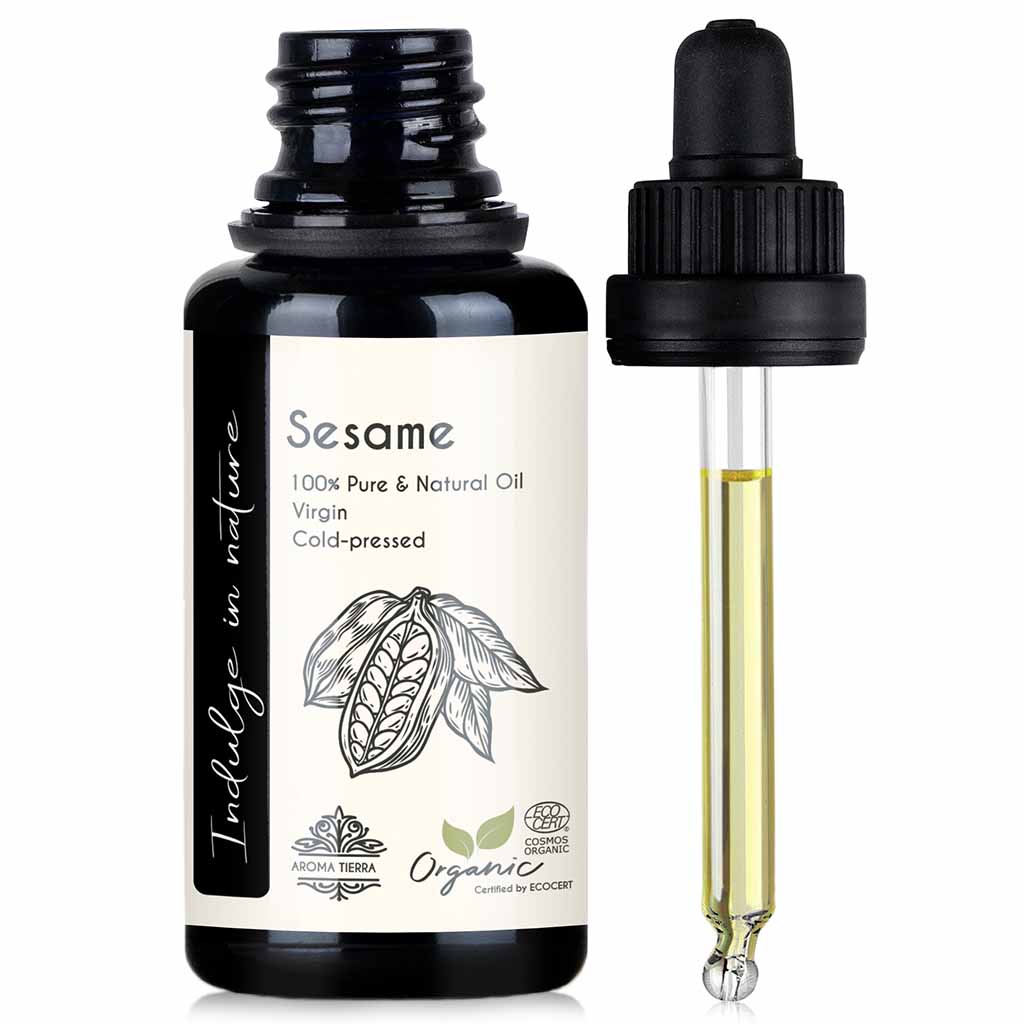Aroma Tierra Organic Sesame seed oil queen of oils, repairs skin-barrier, hydrates, fights acne, improve immune function, 30 ml. 
