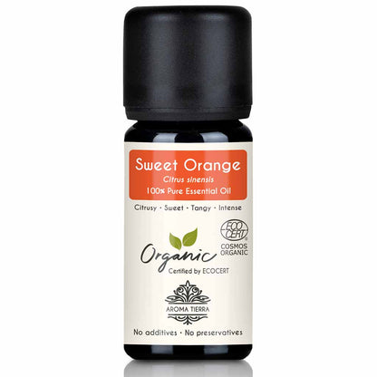 Aroma Tierra Organic Sweet Orange essential oil cold pressing the rind of Citrus sinensis fruit, 10 ml. 