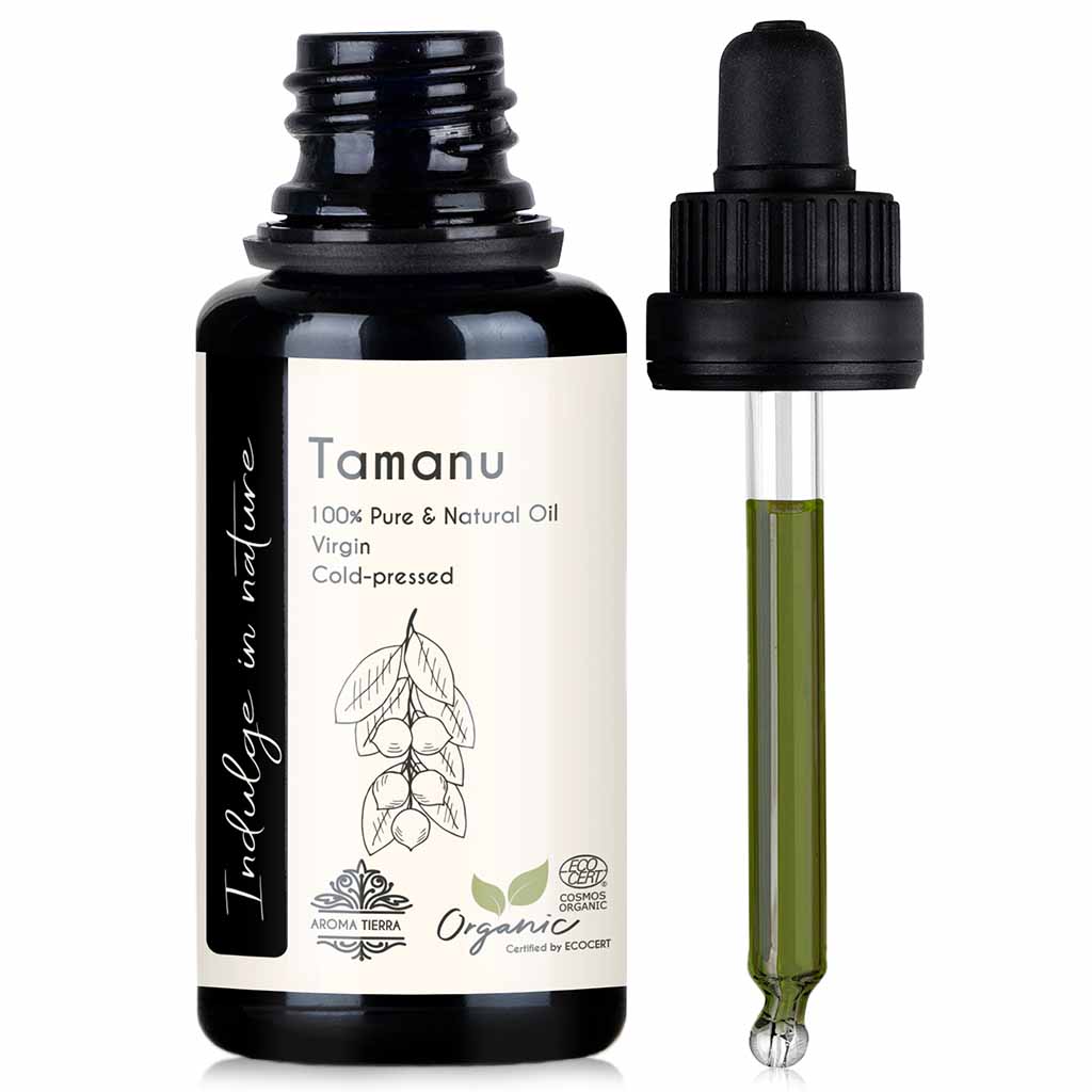 Aroma Tierra Organic Tamanu oil best natural face oil, used for blemishes, scars, stretch marks, dark circles, and irritated skin, 30ml. 