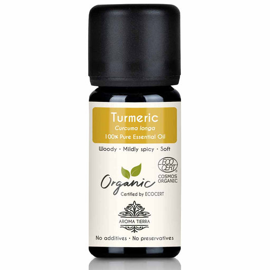 Aroma Tierra Turmeric essential oil steam distillation of roots of organic Curcuma longa, 10 ml. 