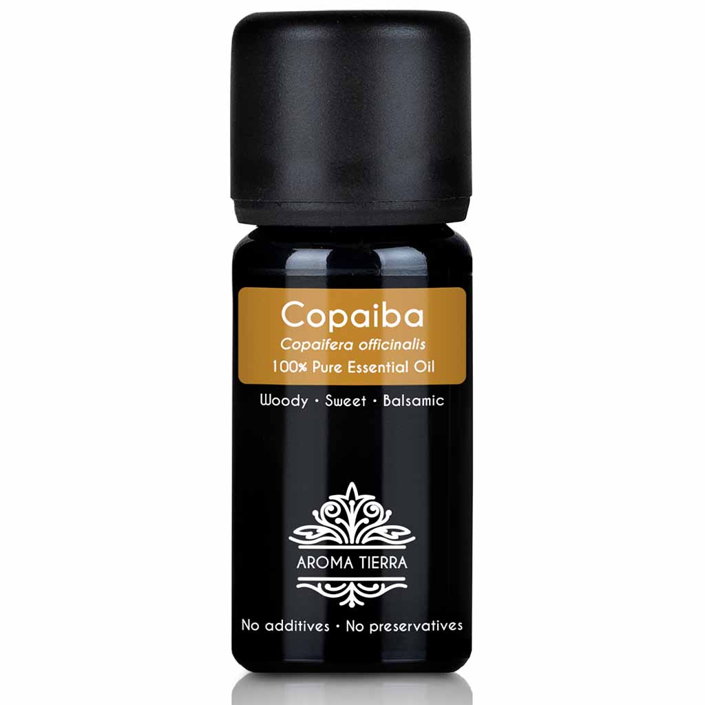 Aroma Tierra Copaiba essential oil steam distillation of the gum/resin of Copaiba tree Copaifera officinalis, 10 ml.