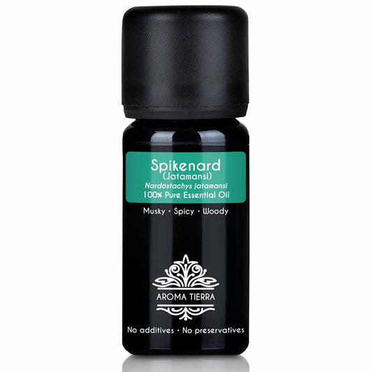 Aroma Tierra Spikenard Jatamansi essential oil hydro distillation of the roots of the Spikenard plant, Nardostachys jatamansi, 10 ml. 