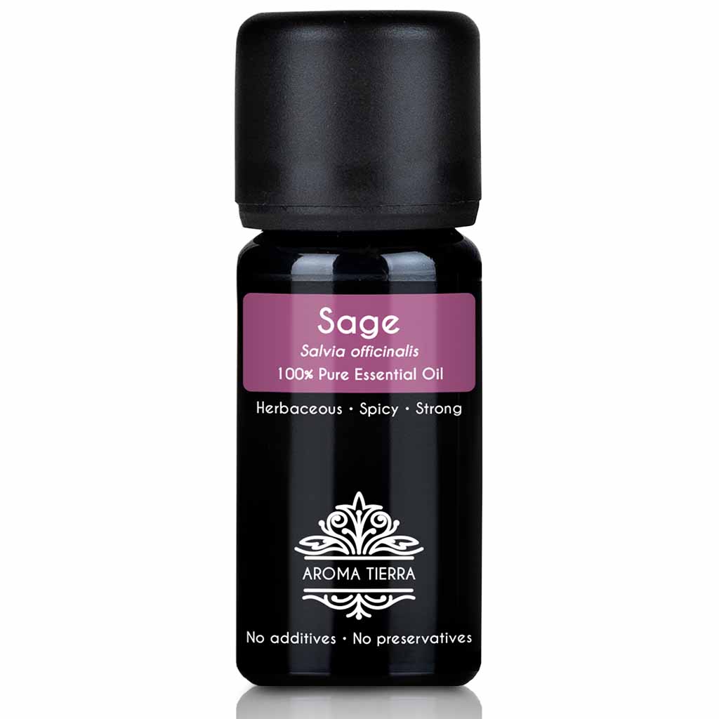 Aroma Tierra Sage essential oil best for diffusers cleans and purifiers air, hair growth, treat dandruff, dry scalp, and hair thinning, 10 ml. 