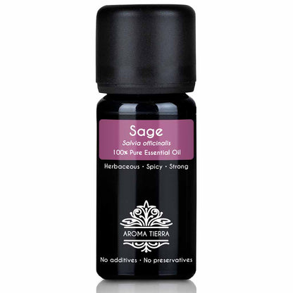 Aroma Tierra Sage essential oil best for diffusers cleans and purifiers air, hair growth, treat dandruff, dry scalp, and hair thinning, 10 ml. 