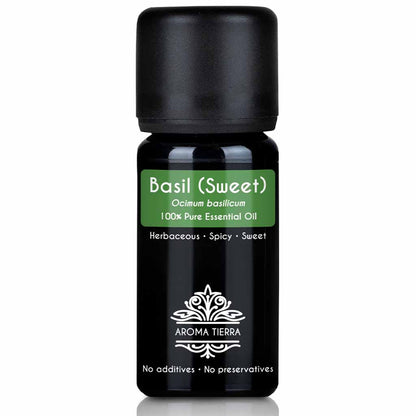 Aroma Tierra Basil (sweet) essential oil team steam distillation of leaves of Sweet Basil herb Ocimum basilicum, 10 ml. 