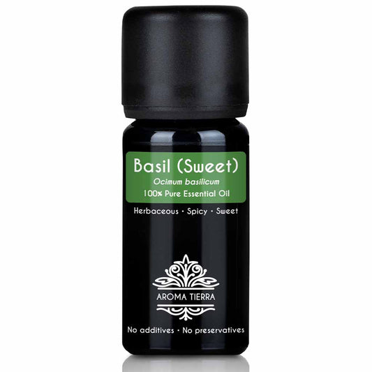 Aroma Tierra Basil (sweet) essential oil team steam distillation of leaves of Sweet Basil herb Ocimum basilicum, 10 ml. 