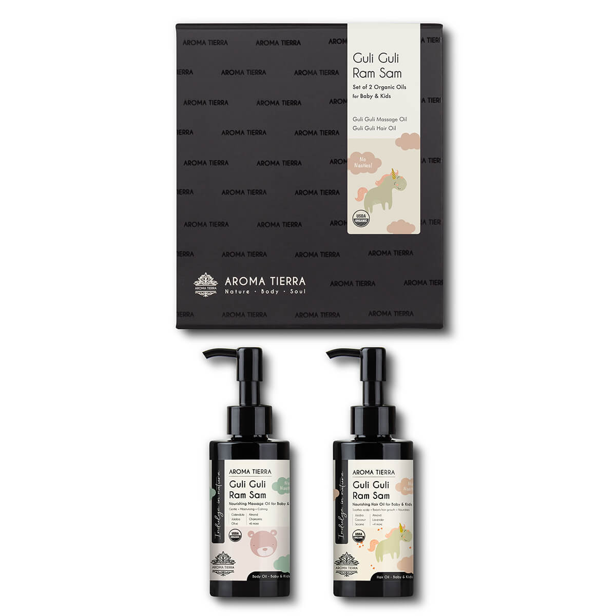 Aroma Tierra Guli Guli Ram Sam Massage and Hair Oils for baby and kids, gift set. 