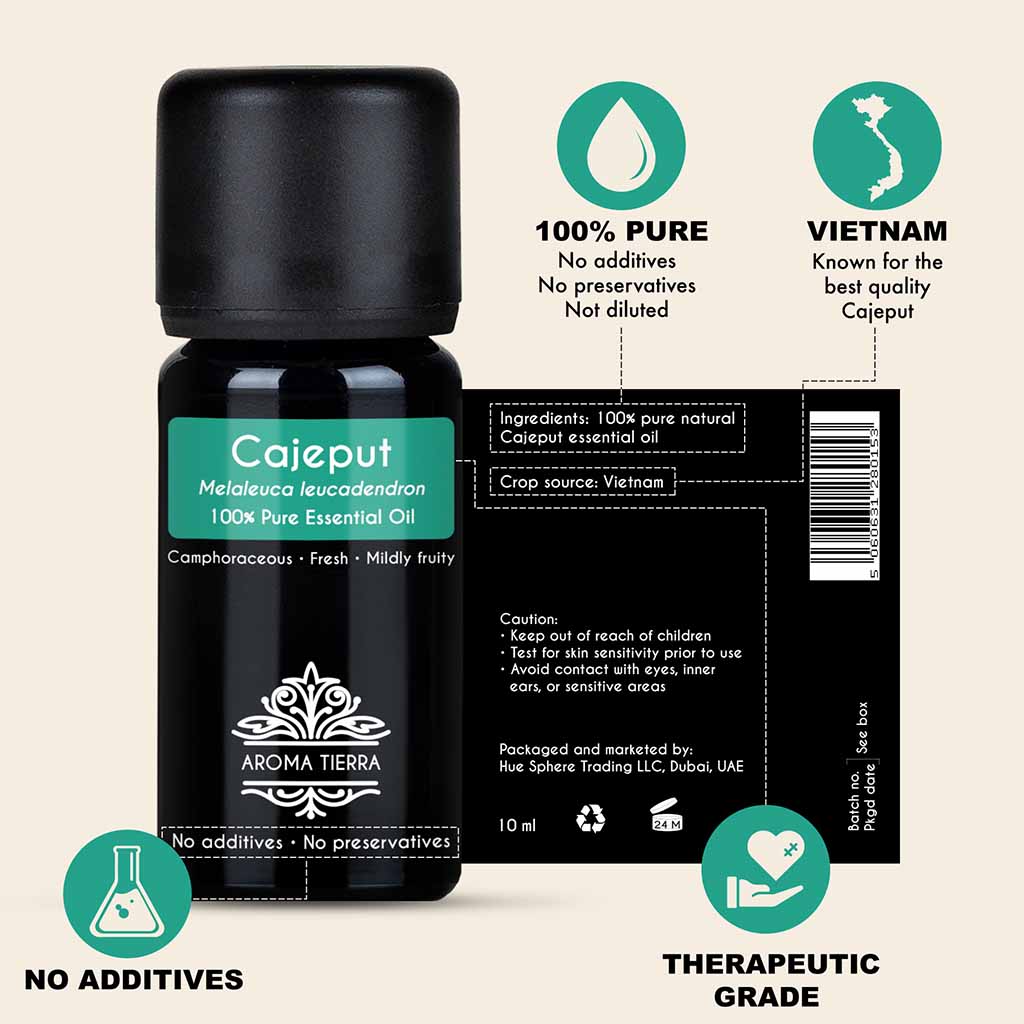 100% Pure and Natural Cajeput essential oil, no preservatives, no additives, undiluted, no solvent, no synthetic fragrance