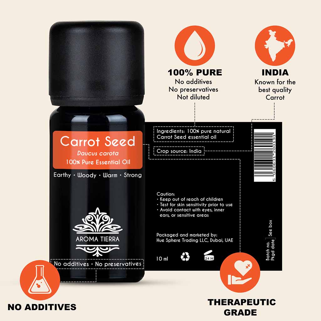 100% Pure and Natural Carrot seed essential oil, no preservatives, no additives, undiluted, no solvent, no synthetic fragrance.