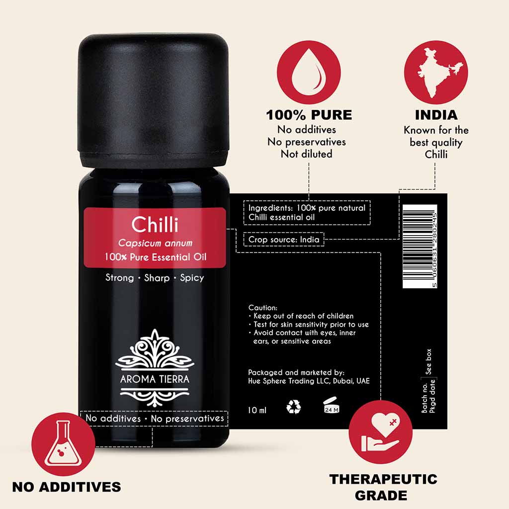 100% Pure and Natural Chili essential oil, no preservatives, no additives, undiluted, no solvent, no synthetic fragrance