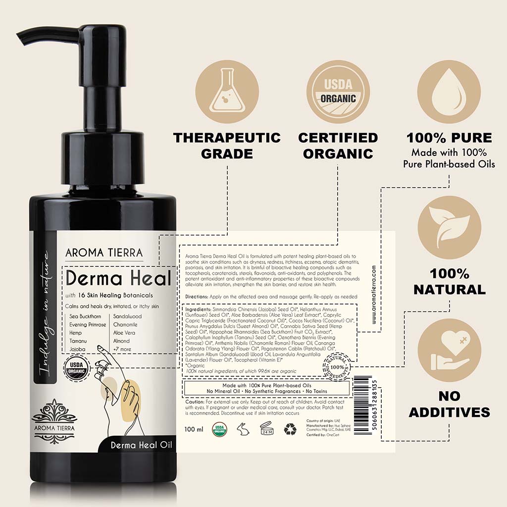 Best Derma Heal Oil with 16 healing botanicals, sea buckthorn, evening primrose, hemp seed, tamanu, jojoba, aloe vera, sandalwood, chamomile, almond