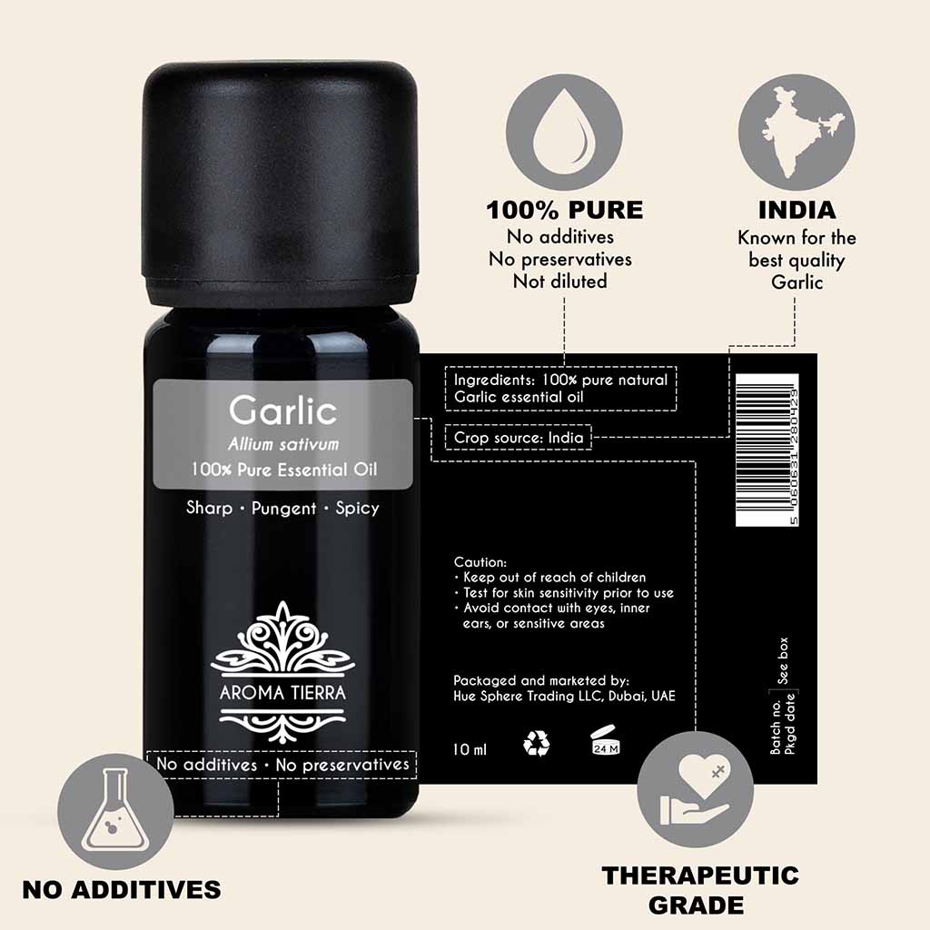 100% Pure and Natural Garlic essential oil, no preservatives, no additives, undiluted, no solvent, no synthetic fragrance