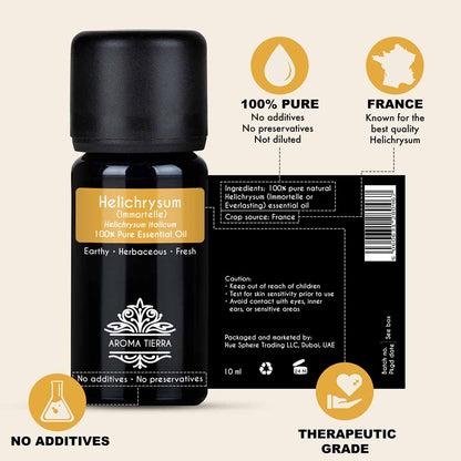 100% Pure and Natural Helichrysum essential oil, no preservatives, no additives, undiluted, no solvent, no synthetic fragrance.