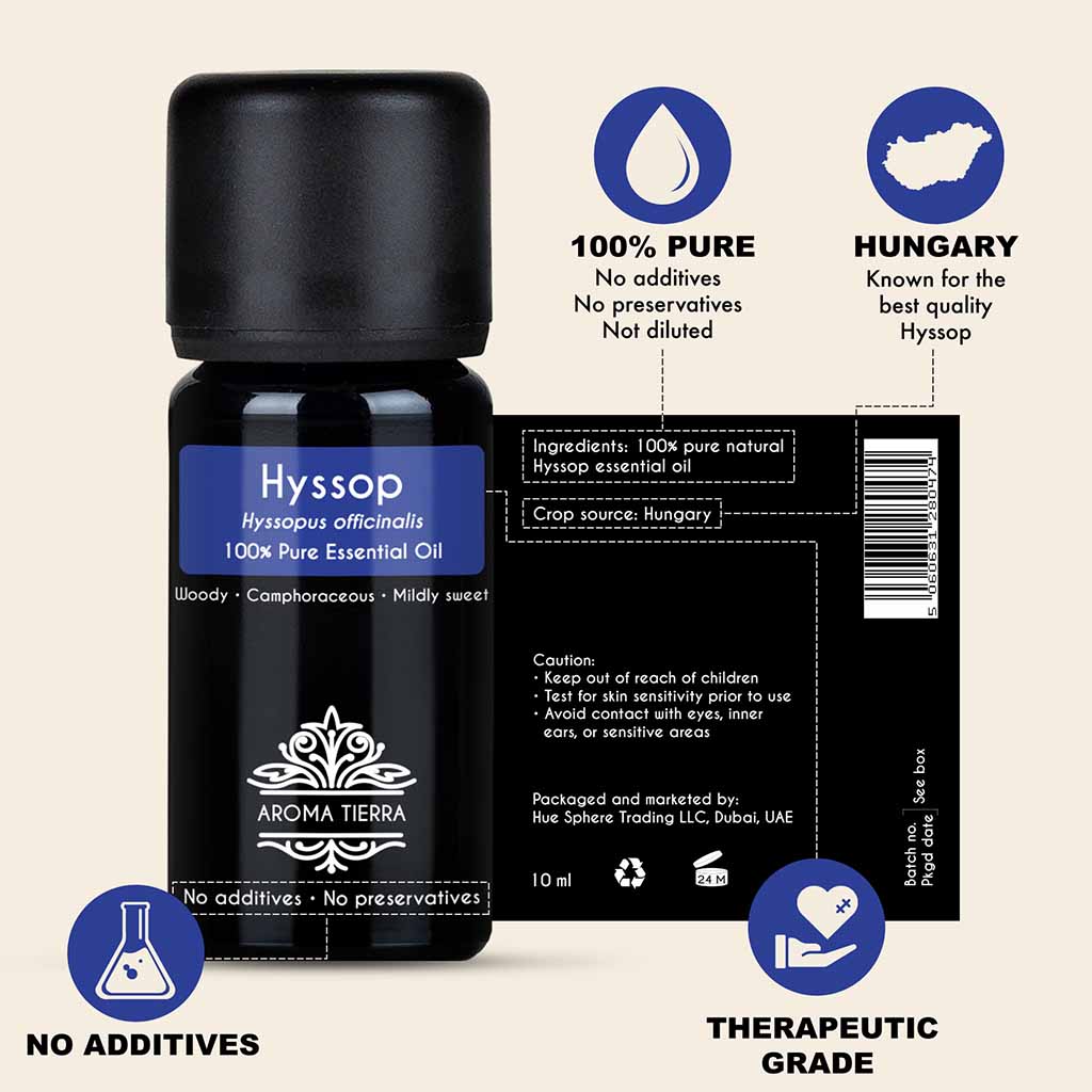 100% Pure and Natural Hyssop essential oil, no preservatives, no additives, undiluted, no solvent, no synthetic fragrance