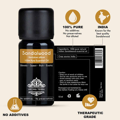 100% Pure and Natural Sandalwood essential oil, no preservatives, no additives, undiluted, no solvent, no synthetic fragrance.
