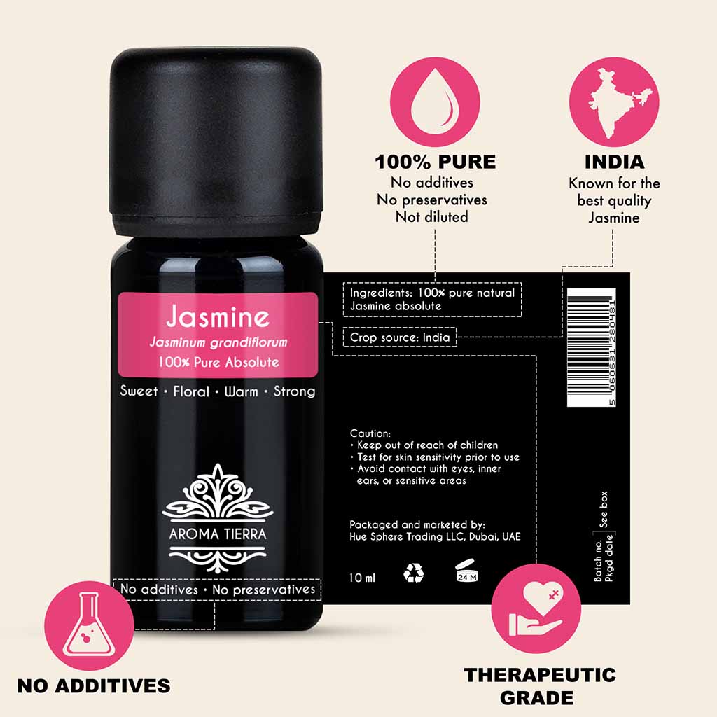 100% Pure and Natural  Jasmine essential oil, no preservatives, no additives, undiluted, no solvent, no synthetic fragrance