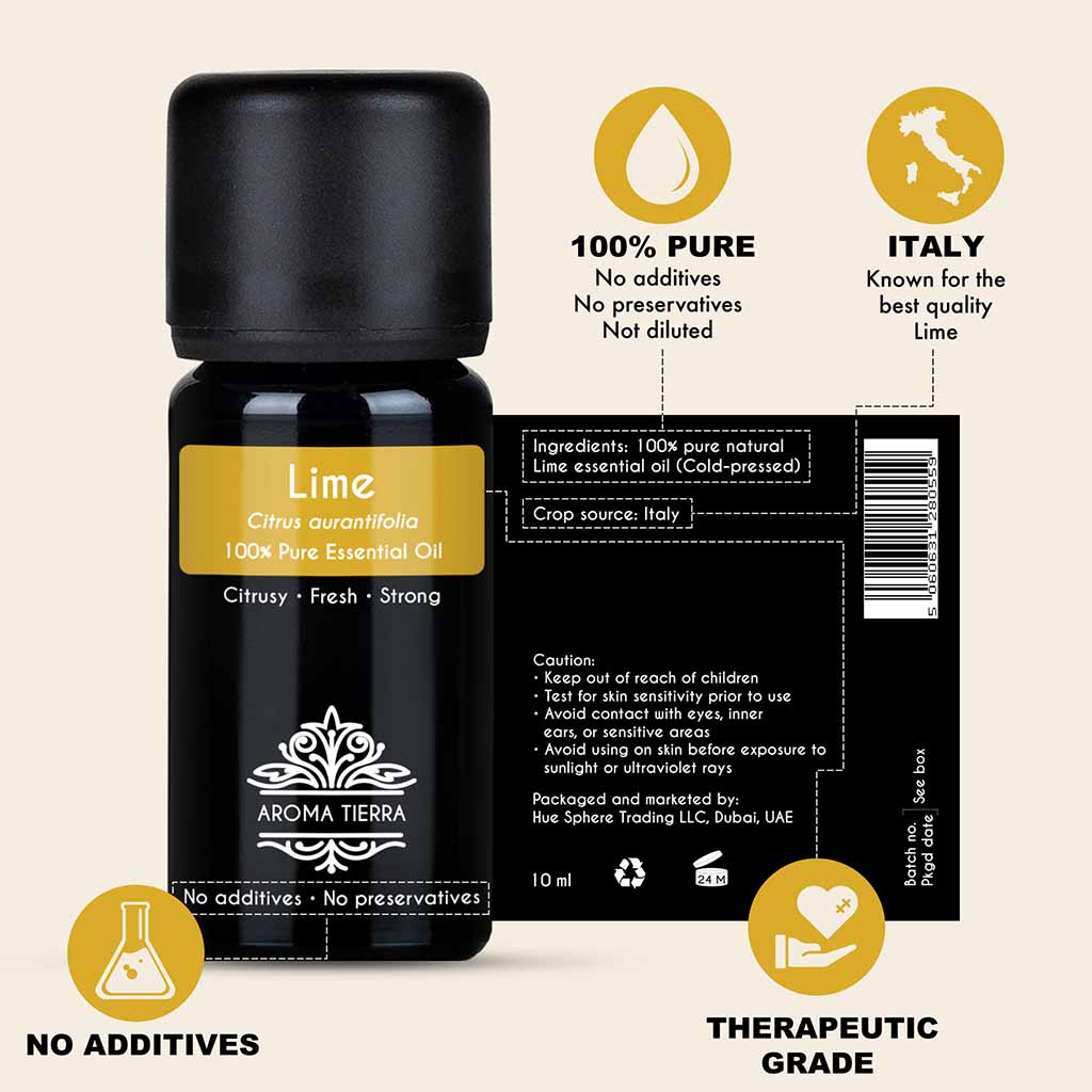 100% Pure and Natural Lime essential oil, no preservatives, no additives, undiluted, no solvent, no synthetic fragrance