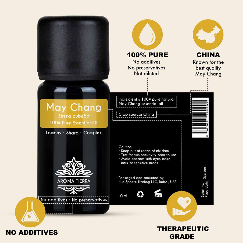 100% Pure and Natural May Chang essential oil, no preservatives, no additives, undiluted, no solvent, no synthetic fragrance