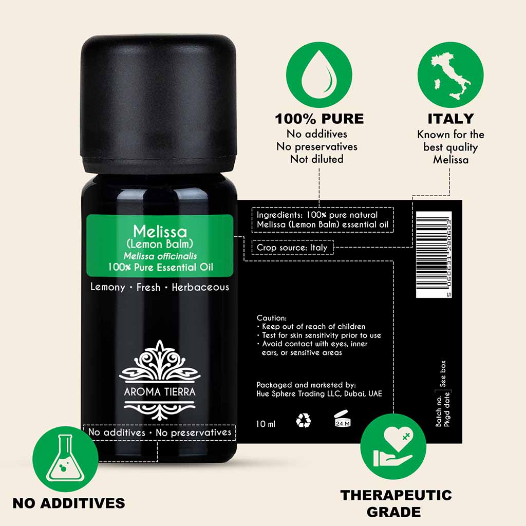100% Pure and Natural Melissa essential oil, no preservatives, no additives, undiluted, no solvent, no synthetic fragrance.