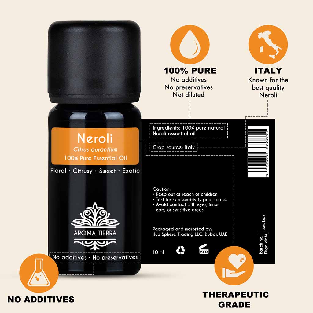 100% Pure and Natural  Neroli essential oil, no preservatives, no additives, undiluted, no solvent, no synthetic fragrance.